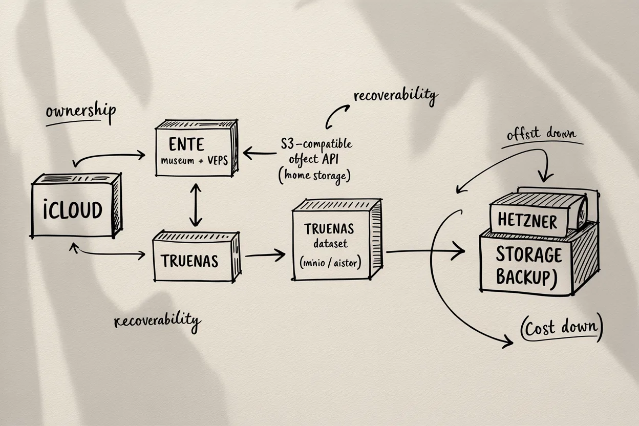 Notebook-style migration architecture from iCloud to Ente, TrueNAS, and Hetzner backup